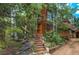 Charming cabin-style home with wood siding and inviting stone staircase surrounded by lush trees at 1575 York Gulch Rd, Idaho Springs, CO 80452