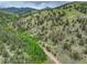 Aerial view of a cabin nestled among lush trees, highlighting its secluded mountain setting at 1575 York Gulch Rd, Idaho Springs, CO 80452