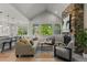 Cozy living room with stone fireplace, vaulted ceiling, and comfortable seating area at 265 Calhoun Cir, Castle Rock, CO 80104