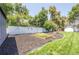 Well-kept backyard featuring a garden bed surrounded by mulch, grass, and a white fence at 995 Chase St, Lakewood, CO 80214