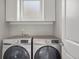 A bright laundry room featuring front loading washer and dryer with upper cabinets at 15525 W La Salle Ave, Lakewood, CO 80228