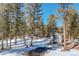 Scenic view of a small outbuilding with a dark grey door and asphalt driveway, surrounded by trees and snow at 11505 Conifer Ridge Dr, Conifer, CO 80433
