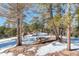 Outdoor picnic table surrounded by snow and large trees creates a cozy outdoor dining space in nature at 11505 Conifer Ridge Dr, Conifer, CO 80433