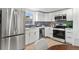 Modern kitchen boasts stainless steel appliances, white cabinets, and stylish gray subway tile backsplash at 5640 Niagara St, Commerce City, CO 80022