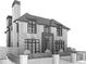 Architectural sketch showing the side view of the brick home with black framed windows at 1193 S York St, Denver, CO 80210