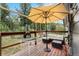 Relaxing outdoor seating area with a glass table, lounge chairs, and a large umbrella on the wood deck at 10142 S Turkey Creek Rd, Morrison, CO 80465