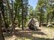 The peaceful backyard is in a wooded area with lush trees and a boulder at 30382 Kings Valley East, Conifer, CO 80433