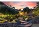 Stunning front entrance with landscaped garden, a stone walkway and elegant outdoor lighting at 10145 Meadow Run, Parker, CO 80134