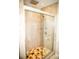 Modern shower featuring marble tile walls, glass door, and a mosaic tile floor pattern at 10554 Tanglewood Rd, Franktown, CO 80116