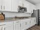 Well-lit kitchen boasting white cabinets, stainless steel appliances, granite counters, and a gas range at 1425 Hart Ln, Elizabeth, CO 80107