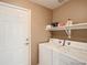 Functional laundry room featuring a washer, dryer, and storage shelf at 9865 Centre Cir, Parker, CO 80134