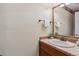 Cozy bathroom featuring a vanity with a ceramic sink and decorative mirror at 2225 Linda Vista Dr, Lakewood, CO 80215