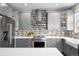 Contemporary kitchen with gray cabinets, modern appliances, and stylish tile backsplash at 2393 Yosemite St, Denver, CO 80238