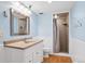 Bathroom with vanity, modern fixtures, shower stall with tile surround, and a decorative bird on the light fixture at 9532 W Walden Ave, Littleton, CO 80128