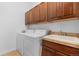 Practical laundry room featuring a sink, cabinets, and modern appliances at 7882 Vallagio Ln, Englewood, CO 80112