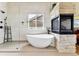Bathroom featuring a free-standing tub, stone fireplace, glass shower, and bright lighting at 1997 Fox Haven Dr, Castle Rock, CO 80104