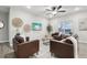 Cozy living room with stylish leather seating, a decorative rug, and ample natural light from the window at 2328 Saddle Back Ct, Fort Lupton, CO 80621
