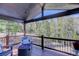 Inviting covered deck with wooded views, cozy seating, and a fire pit at 12229 Circle Dr, Conifer, CO 80433