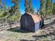 Practical backyard shed with a weathered exterior surrounded by trees and fencing at 12229 Circle Dr, Conifer, CO 80433