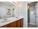 Bathroom featuring double sinks, wood cabinets, and a glass-enclosed shower at 16470 Mountain Flax Dr, Monument, CO 80132