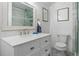 Bright bathroom featuring modern vanity with a white countertop, stylish mirror, and decorative floor tiles at 16158 Whitestone Dr, Parker, CO 80134