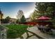 Landscaped backyard with mature trees, patio seating, and a spacious grassy area for outdoor activities at 4307 Lily Gulch Trl, Castle Rock, CO 80109