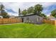 Well-maintained backyard with a wooden fence, green grass, and gravel path at 2521 N Gaylord St, Denver, CO 80205
