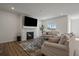 Comfortable living room with a fireplace, mounted TV, plush sofas, stylish rug, and plenty of natural light at 18001 Herrera Dr, Parker, CO 80134
