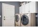 Convenient laundry room with white cabinets and modern, front-load washer and dryer at 13087 Krameria St, Thornton, CO 80602