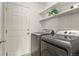 A laundry room with modern washer and dryer and shelving with green plants on the top shelf at 5453 S Quatar Ct, Aurora, CO 80015
