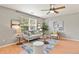 Comfortable living room with natural light, neutral tones, hardwood floors, and stylish furnishings at 5453 S Quatar Ct, Aurora, CO 80015