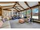 Bright living room with vaulted ceilings, wood paneling, and stylish furniture at 5666 S Havana Ct, Englewood, CO 80111