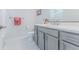 Modern bathroom featuring a gray vanity with white countertop, stainless steel fixtures, and neutral decor at 2282 Old Rail Way, Superior, CO 80027