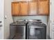 Convenient laundry room features wood cabinets and newer washer and dryer set at 11972 W Long Cir # 104, Littleton, CO 80127