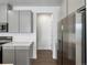 Modern kitchen with gray cabinets and stainless steel appliances at 6153 N Ceylon St # 201, Denver, CO 80249