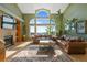 Bright living room featuring large windows with views, vaulted ceilings, a fireplace, and comfortable leather seating at 426 Buena Vista Rd, Golden, CO 80401