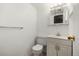 Cozy half bathroom featuring a toilet and vanity with a mirror above at 9240 E Girard Ave # 1, Denver, CO 80231