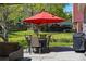 Backyard featuring outdoor table with seating and large red umbrella for shade at 6655 S Elm Cir, Centennial, CO 80121