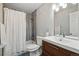 Modern bathroom with sleek vanity, tiled shower, and contemporary fixtures at 6655 S Elm Cir, Centennial, CO 80121