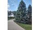 A curved sidewalk with a bench and evergreens in a landscaped area at 8617 Gold Peak Dr # D, Highlands Ranch, CO 80130