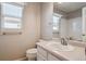 Clean bathroom featuring a white vanity, toilet, and shower/tub combo at 9069 Renoir Dr, Littleton, CO 80126