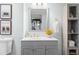 Bathroom featuring gray vanity with white countertop and storage shelves at 16234 E Belleview Dr, Centennial, CO 80015