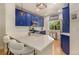 Modern kitchen with white countertops, bright blue cabinetry, and stainless steel appliances at 1153 Village Cir, Erie, CO 80516