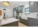 Updated kitchen featuring green cabinets, white quartz countertops, and farmhouse sink at 725 S Harrison St, Denver, CO 80209