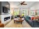 Spacious living room with a fireplace, comfortable sofas, and access to the outdoor area at 2027 Vallejo Loop, Broomfield, CO 80023