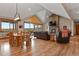Open-concept space with a rustic dining table and cozy living room with fireplace at 5800 Elk View Ct, Larkspur, CO 80118