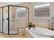 Bright bathroom with glass block windows and a standalone shower and soaking tub at 35 Brookhaven Pl, Littleton, CO 80123