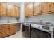 Convenient laundry room with a countertop and built-in cabinets at 35 Brookhaven Pl, Littleton, CO 80123