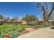 Serene backyard with lush landscaping, mature trees, and a brick pathway at 5703 Ammons St, Arvada, CO 80002