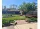 Beautiful backyard with brick trimmed flowerbeds, lush lawn, wood fence, and storage shed at 5703 Ammons St, Arvada, CO 80002